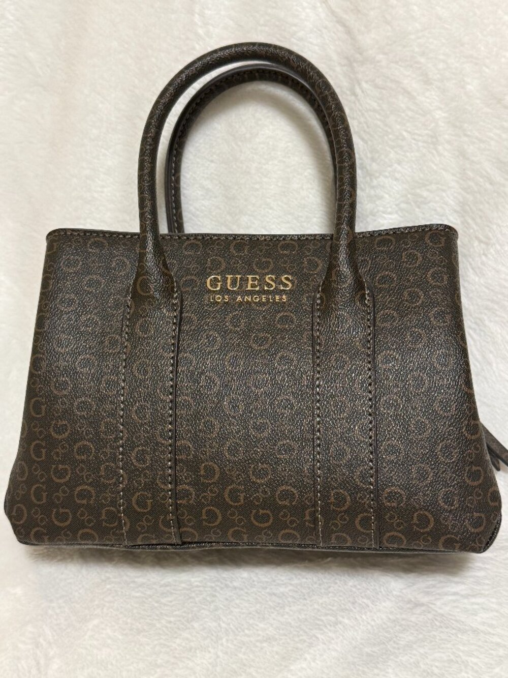 GUESS Brown 4G Monogram Triple Compartment Satchel Crossbody